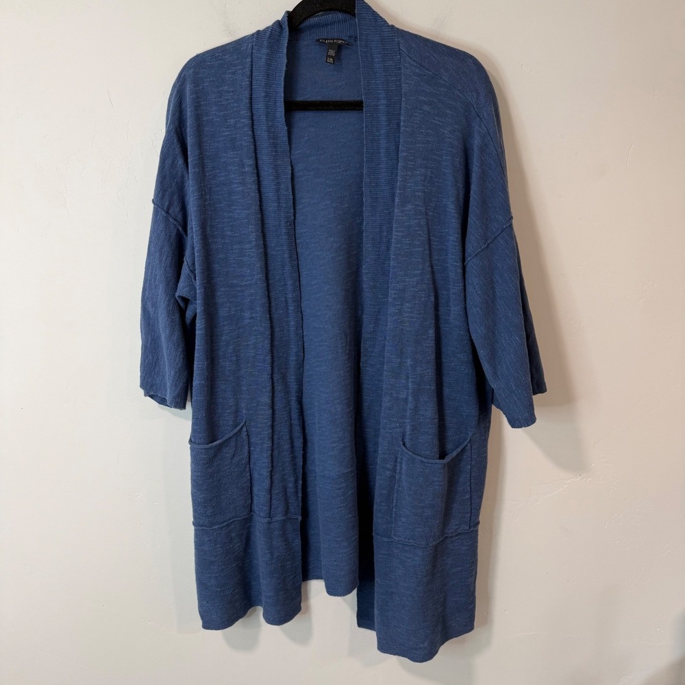 Eileen Fisher Womens Cardigan L/XL Blue Excellent Linen Cotton Open Front Pocket